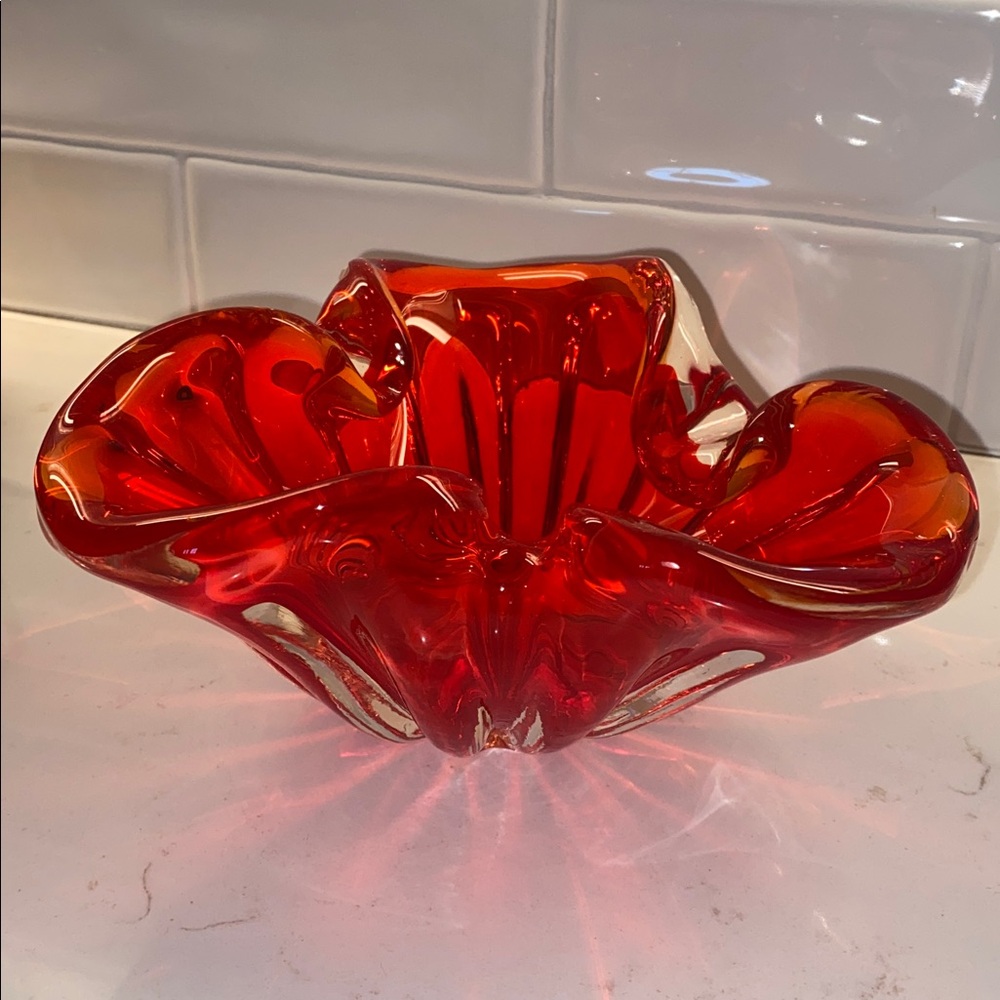 MCM Vibrant Red with orange and clear tones Murano blown glass Ashtray/Bowl